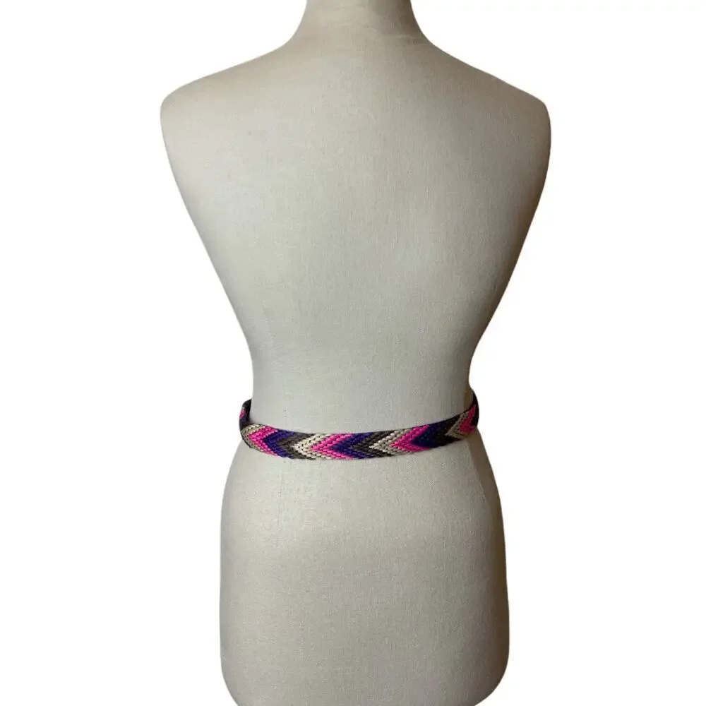 Beige Faux Leather & Multicolor Woven Yarn Belt 33